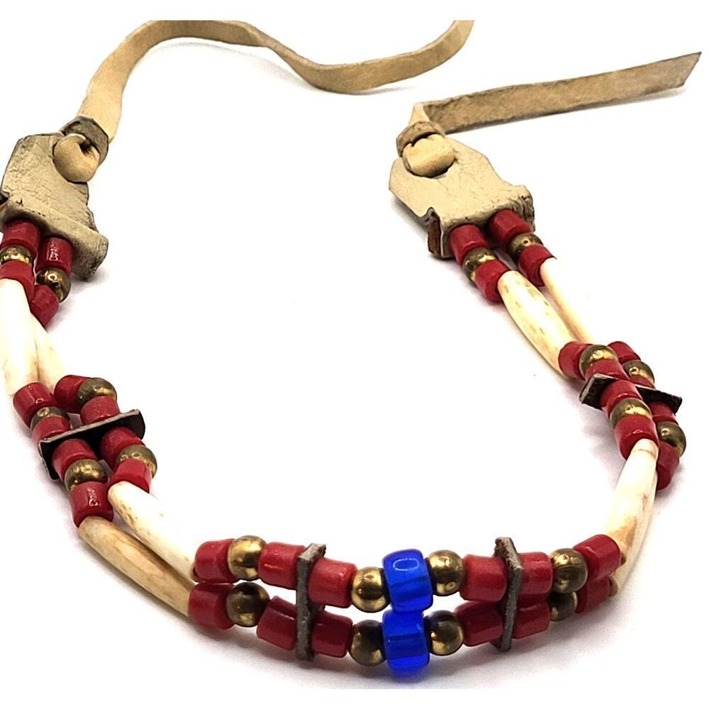 Vintage Native American Suede Bovine Horn Leather Brass Beaded Plains Choker 23"